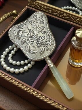 MCM Ornate Silver Floral Hand Mirror with Jade Handle